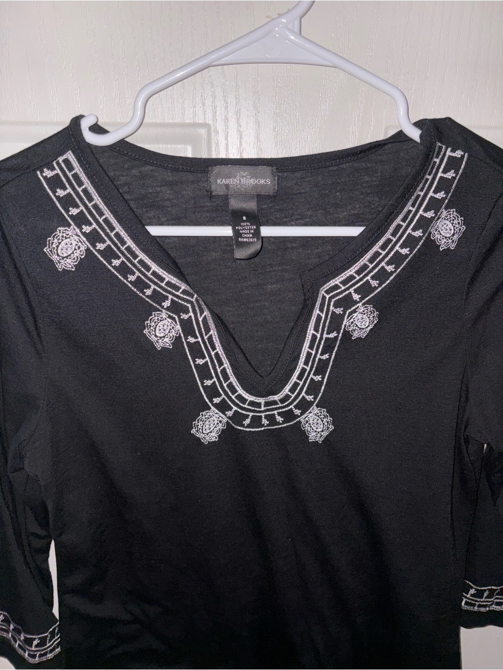 Karen Brooks Black Long-Sleeve V-Neck Top with White Embroidery